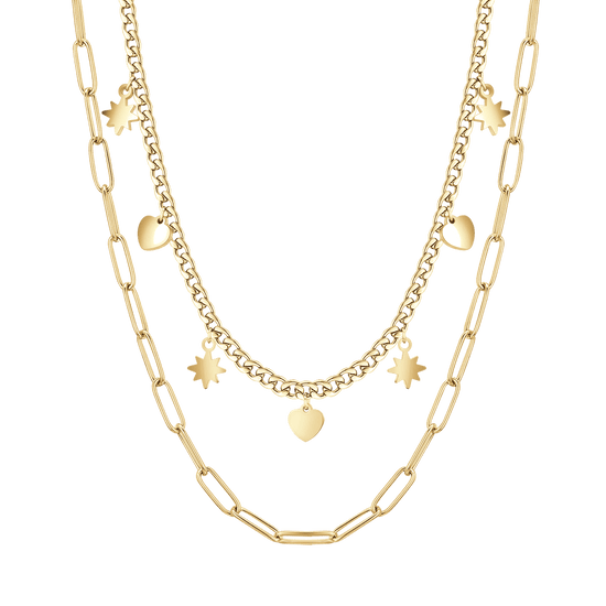 COLLAR DE ACERO IP DE ORO DE VARIAS VUELTAS CON ESTRELLAS Y CORAZONES