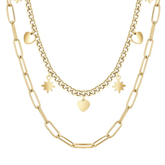 COLLAR DE ACERO IP DE ORO DE VARIAS VUELTAS CON ESTRELLAS Y CORAZONES