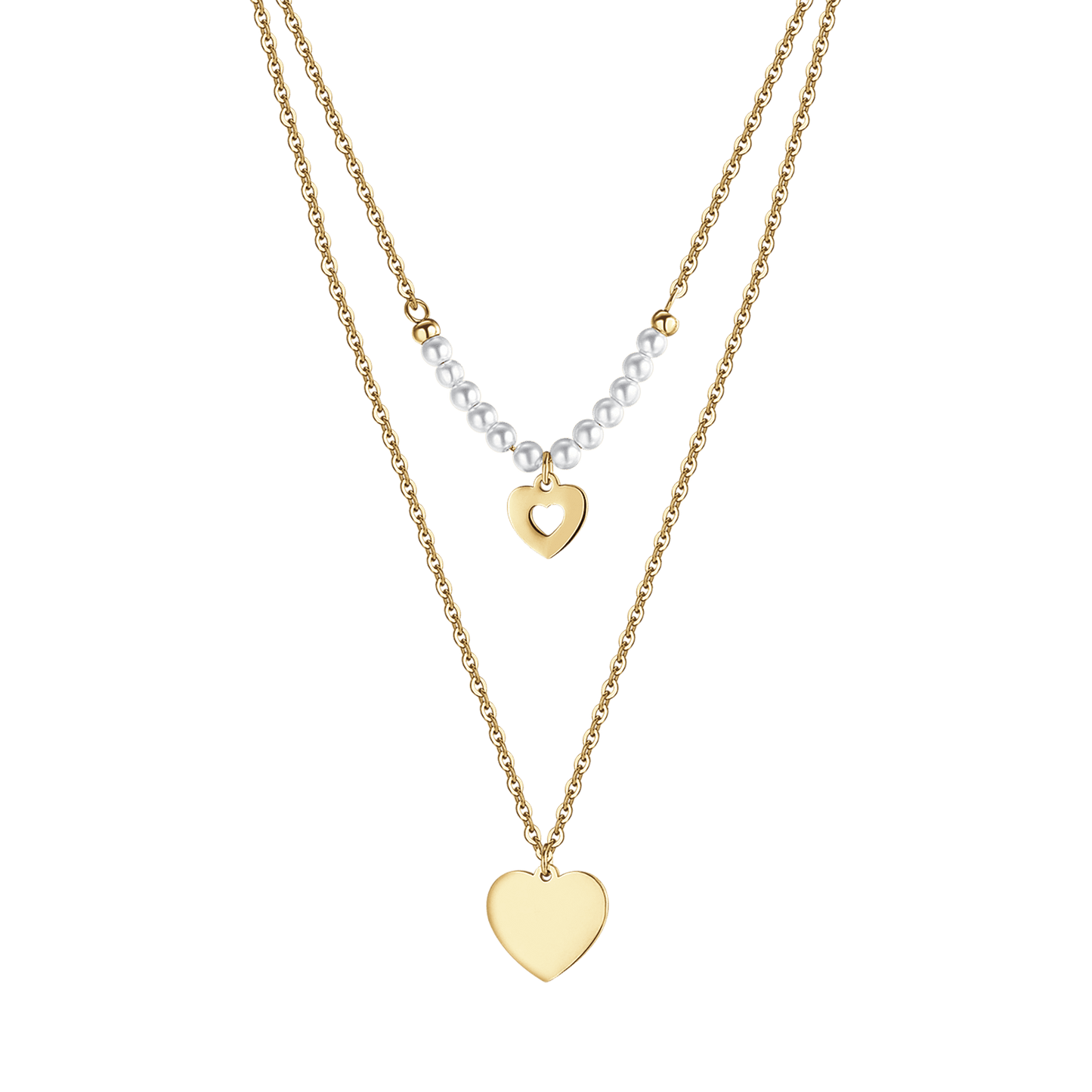 IP COLLAR DE ACERO DORADO PARA MUJER CON CORAZONES Y PERLAS BLANCAS
