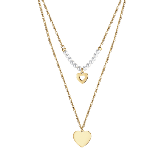 IP COLLAR DE ACERO DORADO PARA MUJER CON CORAZONES Y PERLAS BLANCAS