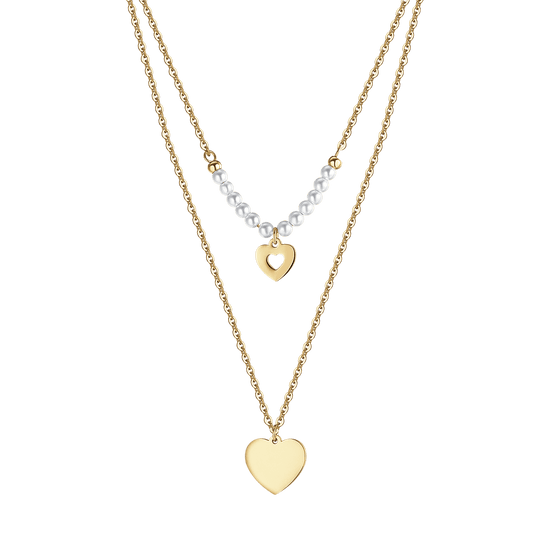 IP COLLAR DE ACERO DORADO PARA MUJER CON CORAZONES Y PERLAS BLANCAS
