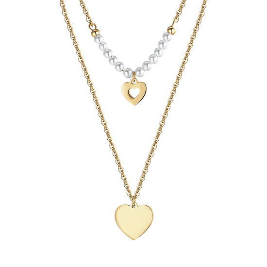 IP COLLAR DE ACERO DORADO PARA MUJER CON CORAZONES Y PERLAS BLANCAS
