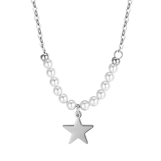 IP COLLAR DE ACERO DORADO PARA MUJER CON ESTRELLA Y PERLAS BLANCAS