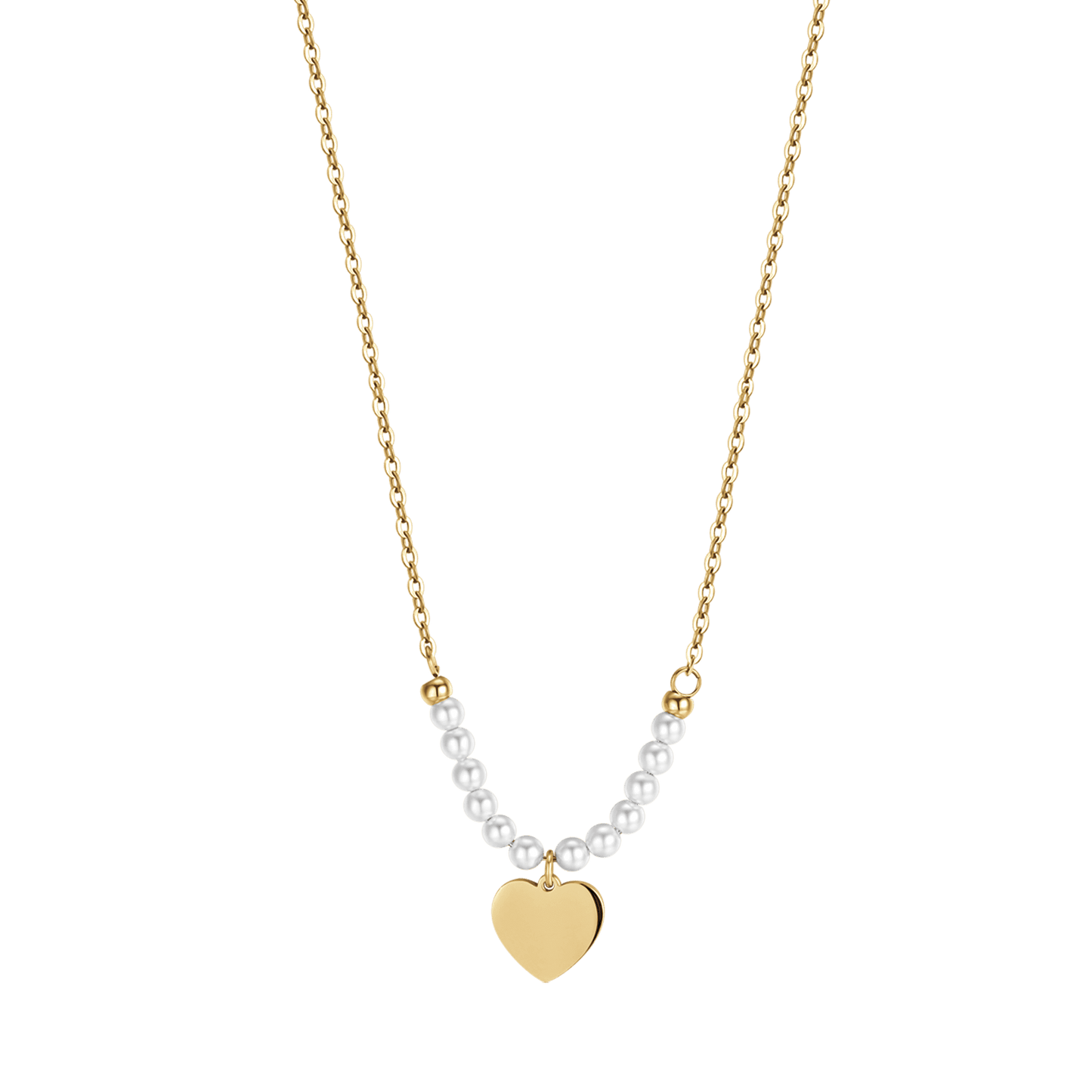 IP COLLAR DE ACERO DORADO PARA MUJER CON CORAZON Y PERLAS BLANCAS