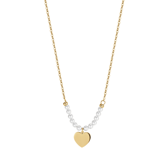 IP COLLAR DE ACERO DORADO PARA MUJER CON CORAZON Y PERLAS BLANCAS
