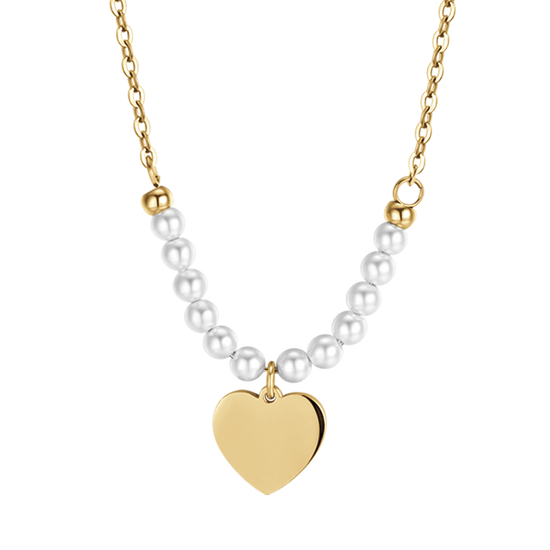 IP COLLAR DE ACERO DORADO PARA MUJER CON CORAZON Y PERLAS BLANCAS