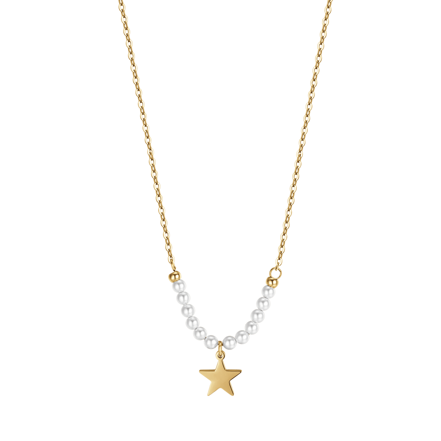 IP COLLAR DE ACERO DORADO PARA MUJER CON ESTRELLA Y PERLAS BLANCAS