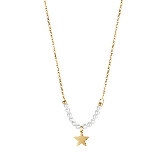 IP COLLAR DE ACERO DORADO PARA MUJER CON ESTRELLA Y PERLAS BLANCAS