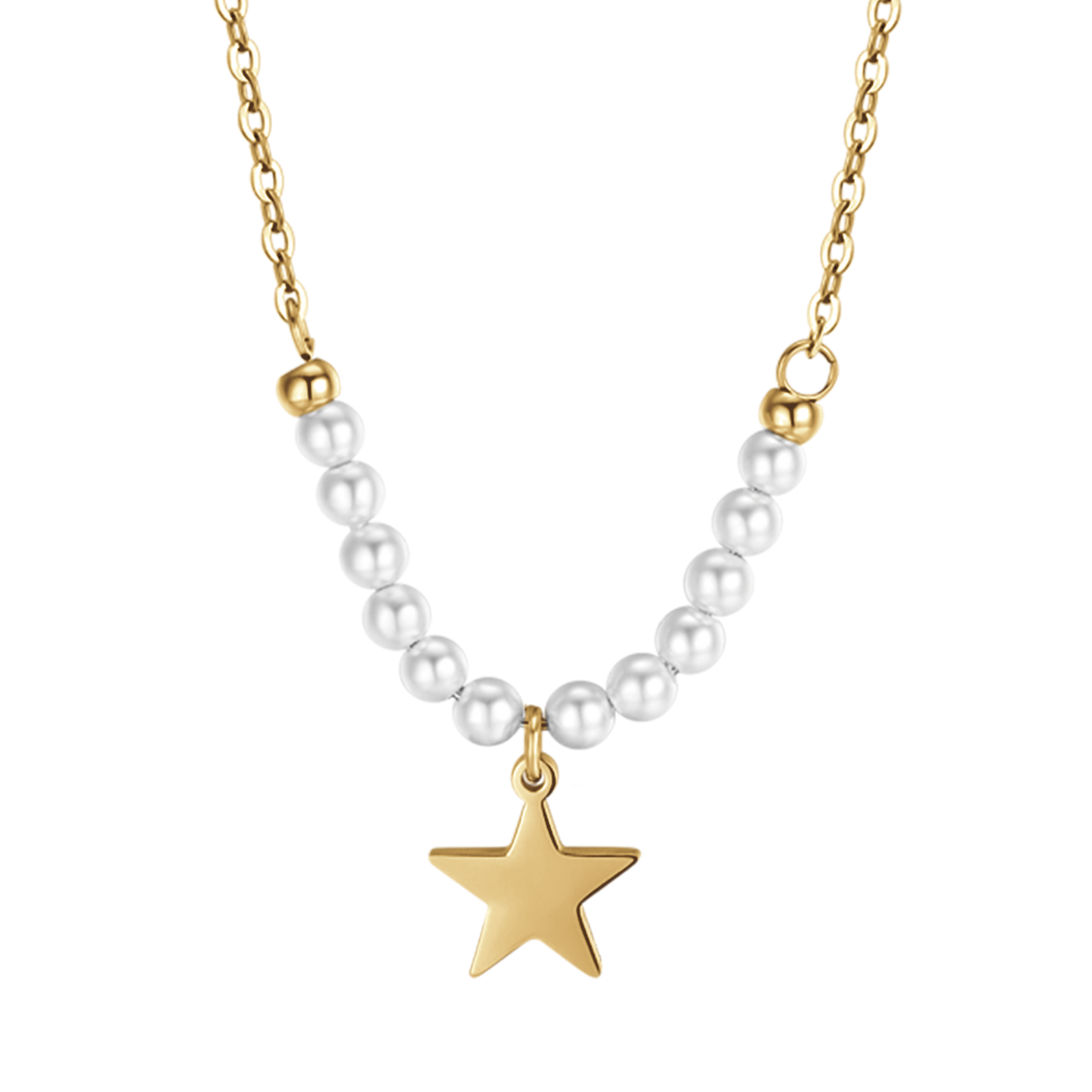 IP COLLAR DE ACERO DORADO PARA MUJER CON ESTRELLA Y PERLAS BLANCAS
