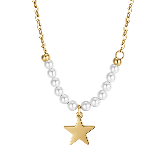 IP COLLAR DE ACERO DORADO PARA MUJER CON ESTRELLA Y PERLAS BLANCAS