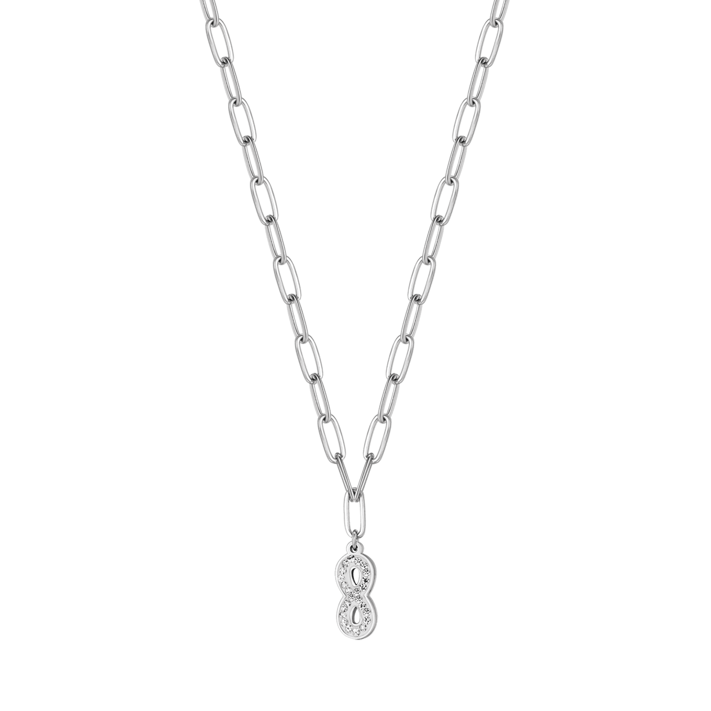 COLLAR DE ACERO PARA MUJER CON INFINITO Y CRISTALES BLANCOS Y CADENA DE ESLABONES