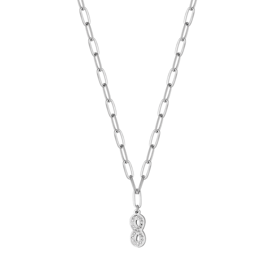 COLLAR DE ACERO PARA MUJER CON INFINITO Y CRISTALES BLANCOS Y CADENA DE ESLABONES