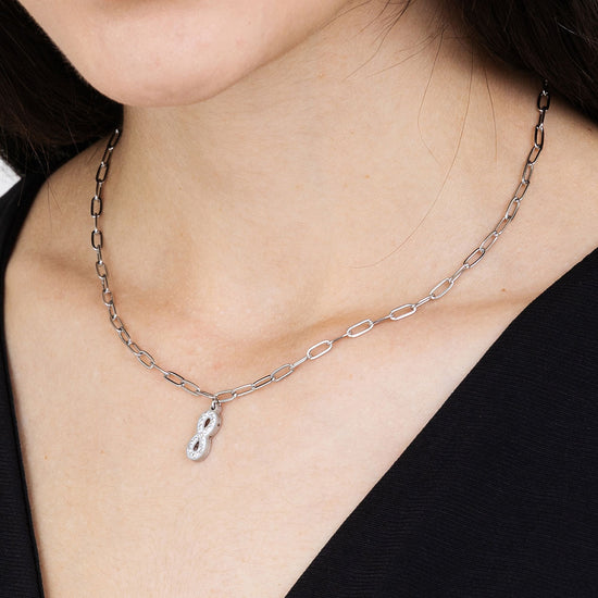 COLLAR DE ACERO PARA MUJER CON INFINITO Y CRISTALES BLANCOS Y CADENA DE ESLABONES