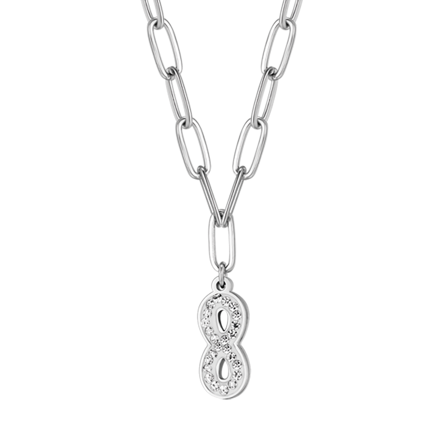 COLLAR DE ACERO PARA MUJER CON INFINITO Y CRISTALES BLANCOS Y CADENA DE ESLABONES