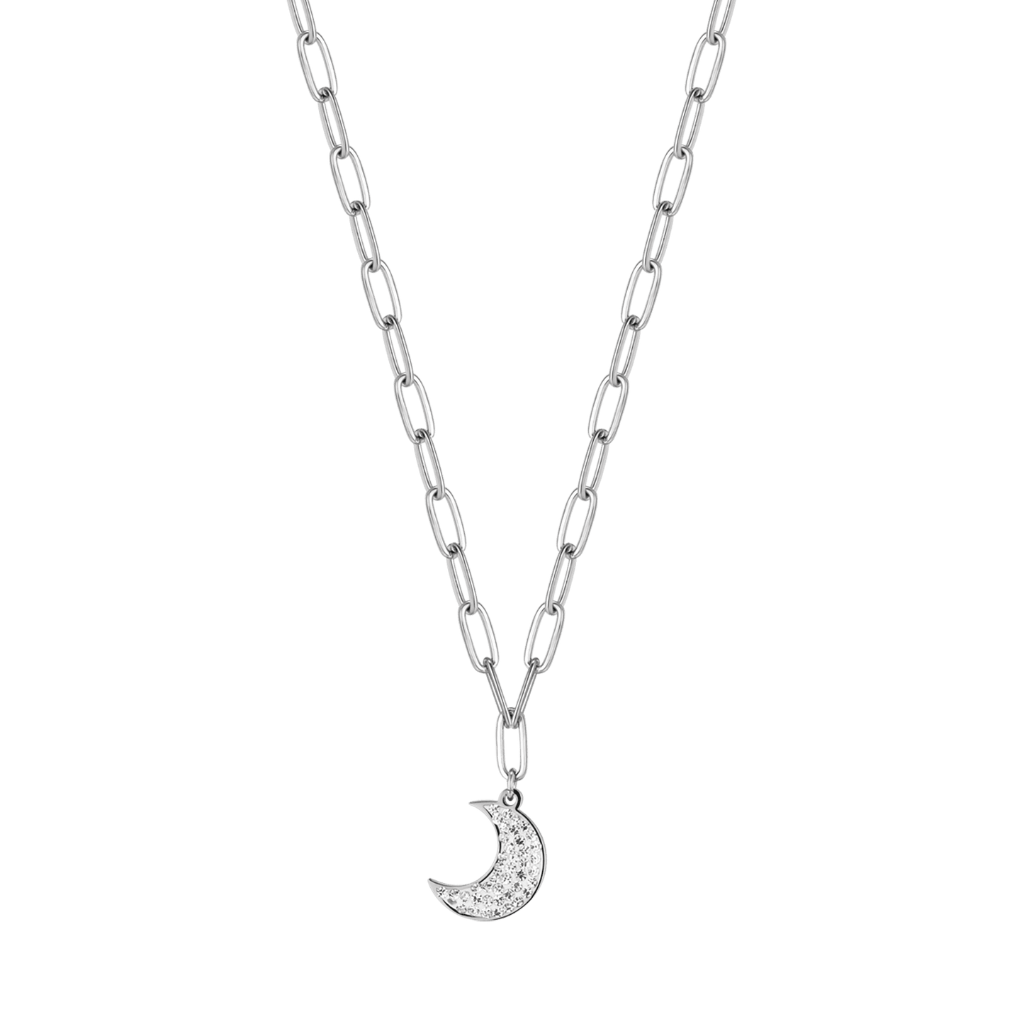 COLLAR DE ACERO PARA MUJER CON LUNA Y CRISTALES BLANCOS