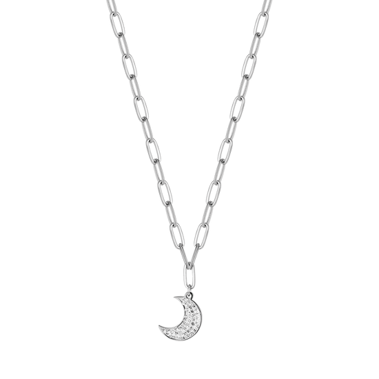 COLLAR DE ACERO PARA MUJER CON LUNA Y CRISTALES BLANCOS