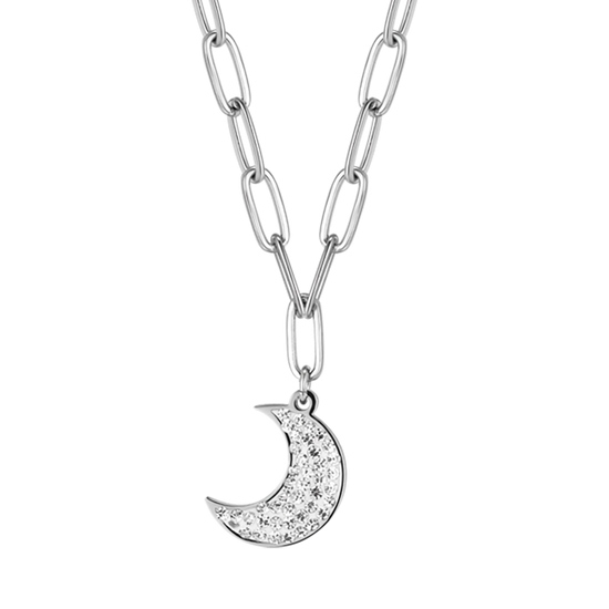 COLLAR DE ACERO PARA MUJER CON LUNA Y CRISTALES BLANCOS