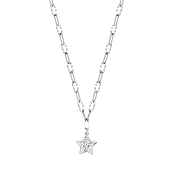 COLLAR DE ACERO PARA MUJER CON ESTRELLA Y CRISTALES BLANCOS Y CADENA DE ESLABONES
