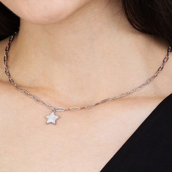 COLLAR DE ACERO PARA MUJER CON ESTRELLA Y CRISTALES BLANCOS Y CADENA DE ESLABONES