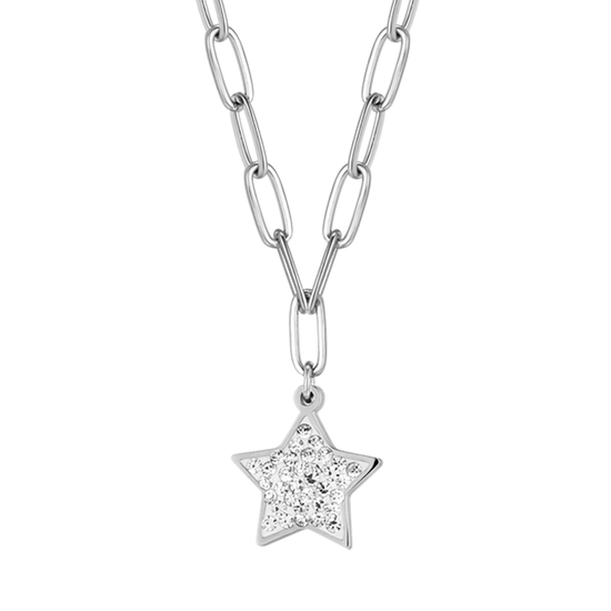 COLLAR DE ACERO PARA MUJER CON ESTRELLA Y CRISTALES BLANCOS Y CADENA DE ESLABONES