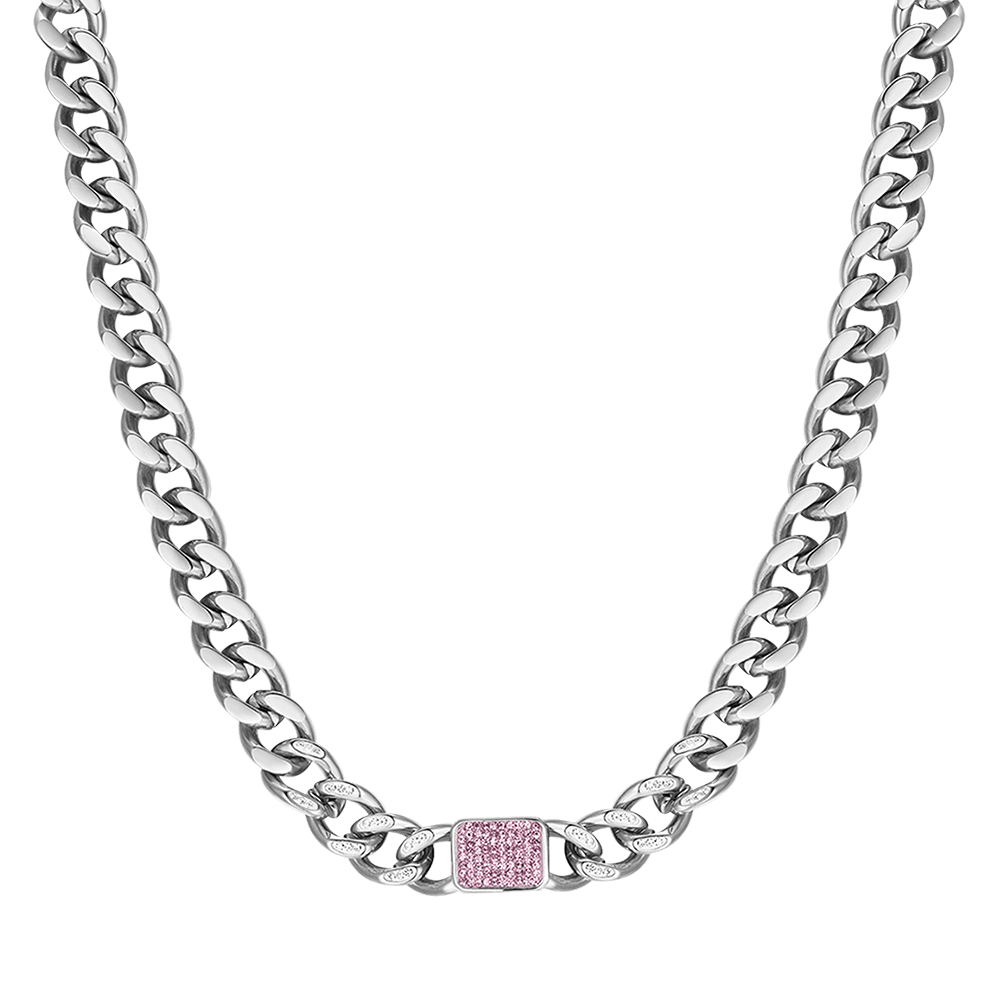 COLLAR DE ACERO PARA MUJER CON CRISTALES FUCSIA
