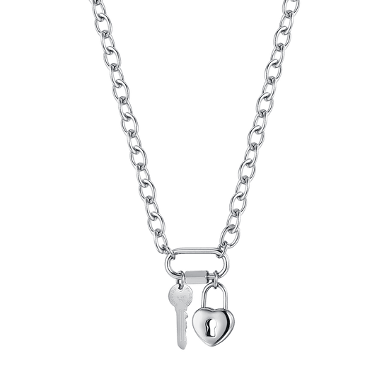 COLLAR DE ACERO PARA MUJER CON LLAVE Y CANDADO DE CORAZÓN
