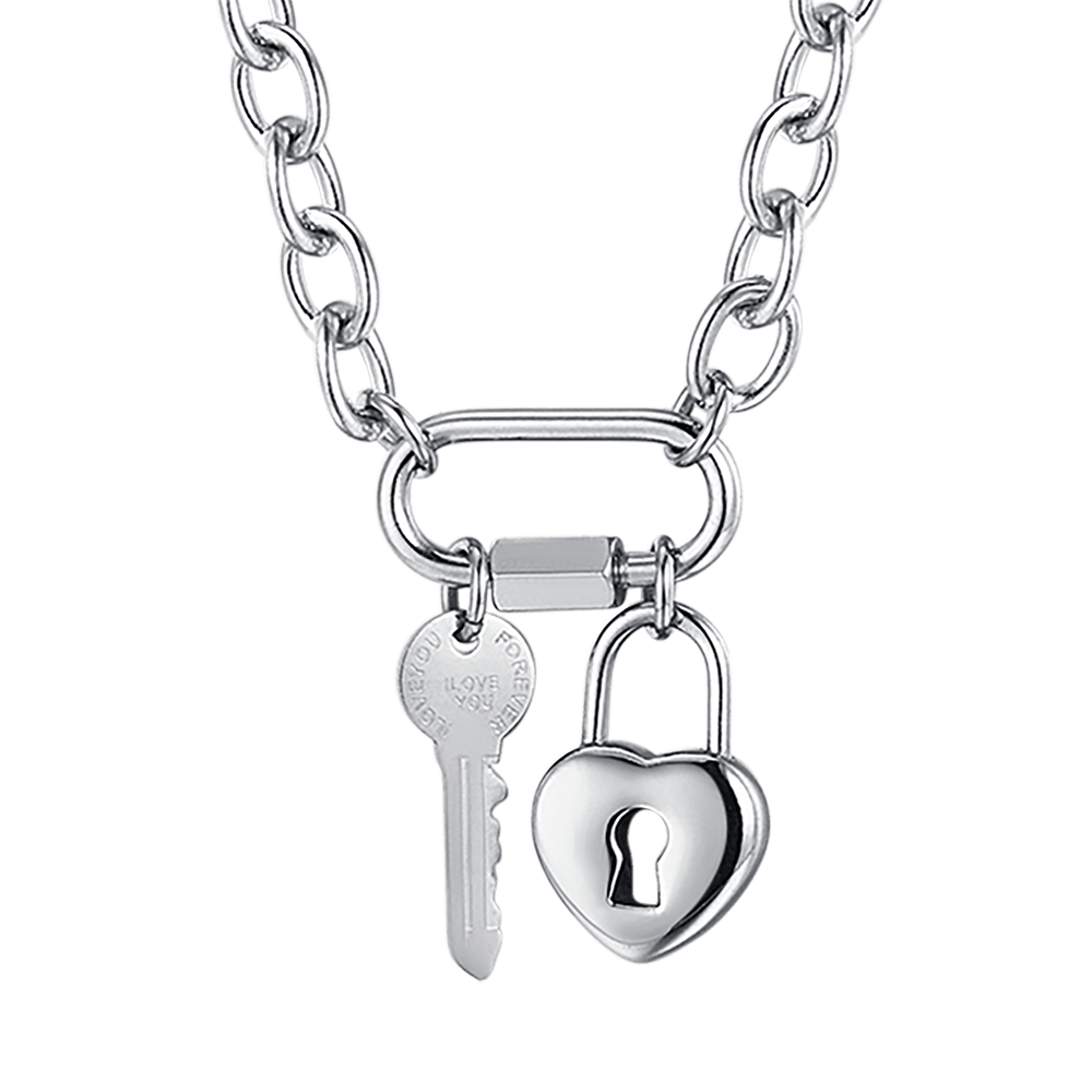 COLLAR DE ACERO PARA MUJER CON LLAVE Y CANDADO DE CORAZÓN