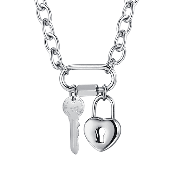 COLLAR DE ACERO PARA MUJER CON LLAVE Y CANDADO DE CORAZÓN