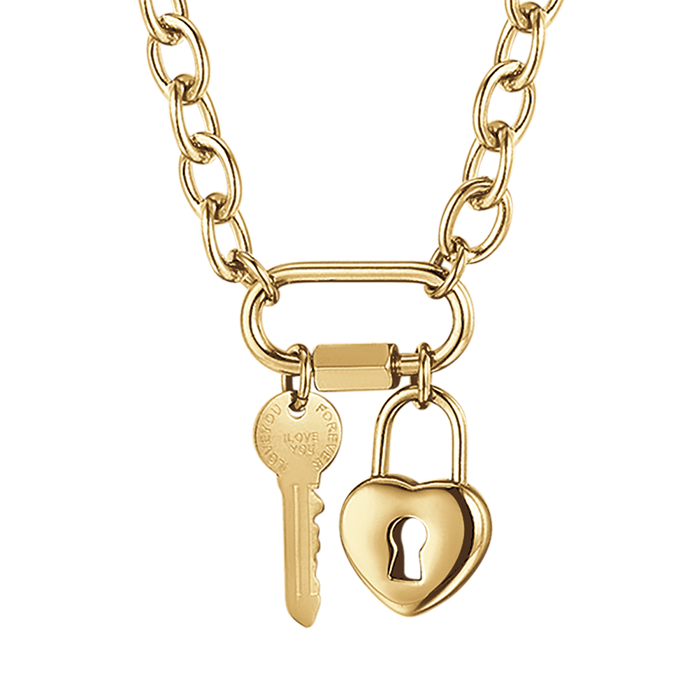 COLLAR DE ACERO PARA MUJER CON LLAVE Y CANDADO DE CORAZÓN