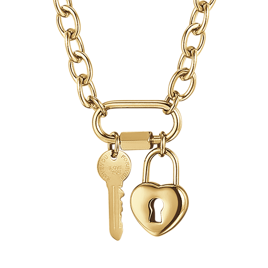 COLLAR DE ACERO PARA MUJER CON LLAVE Y CANDADO DE CORAZÓN