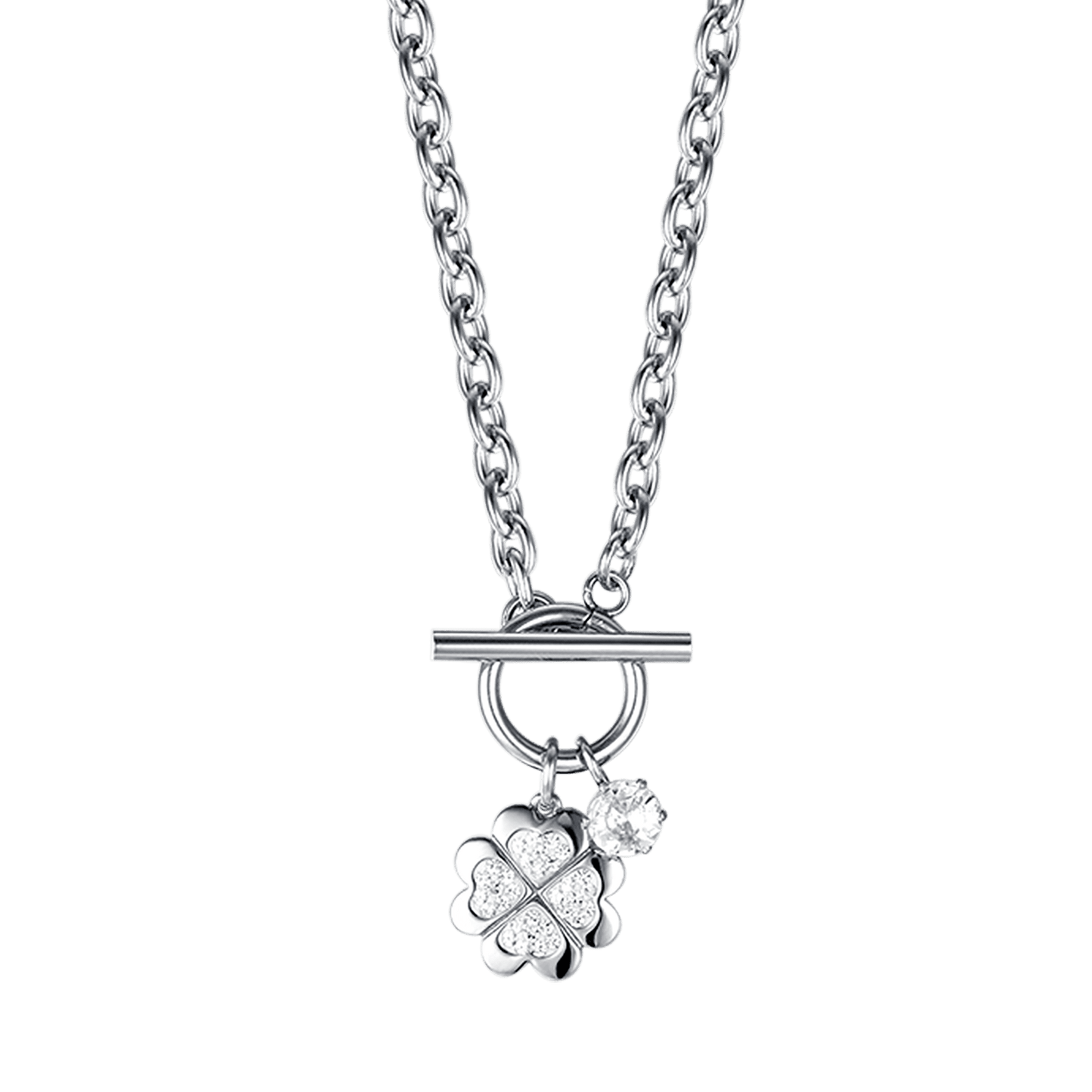 COLLAR DE ACERO PARA MUJER CON TRÉBOL DE CUATRO HOJAS CON CRISTALES BLANCOS