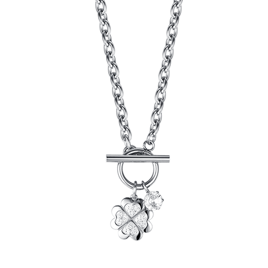 COLLAR DE ACERO PARA MUJER CON TRÉBOL DE CUATRO HOJAS CON CRISTALES BLANCOS