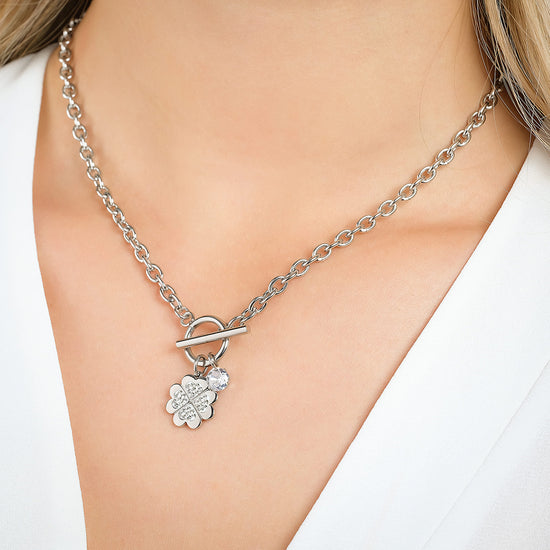 COLLAR DE ACERO PARA MUJER CON TRÉBOL DE CUATRO HOJAS CON CRISTALES BLANCOS