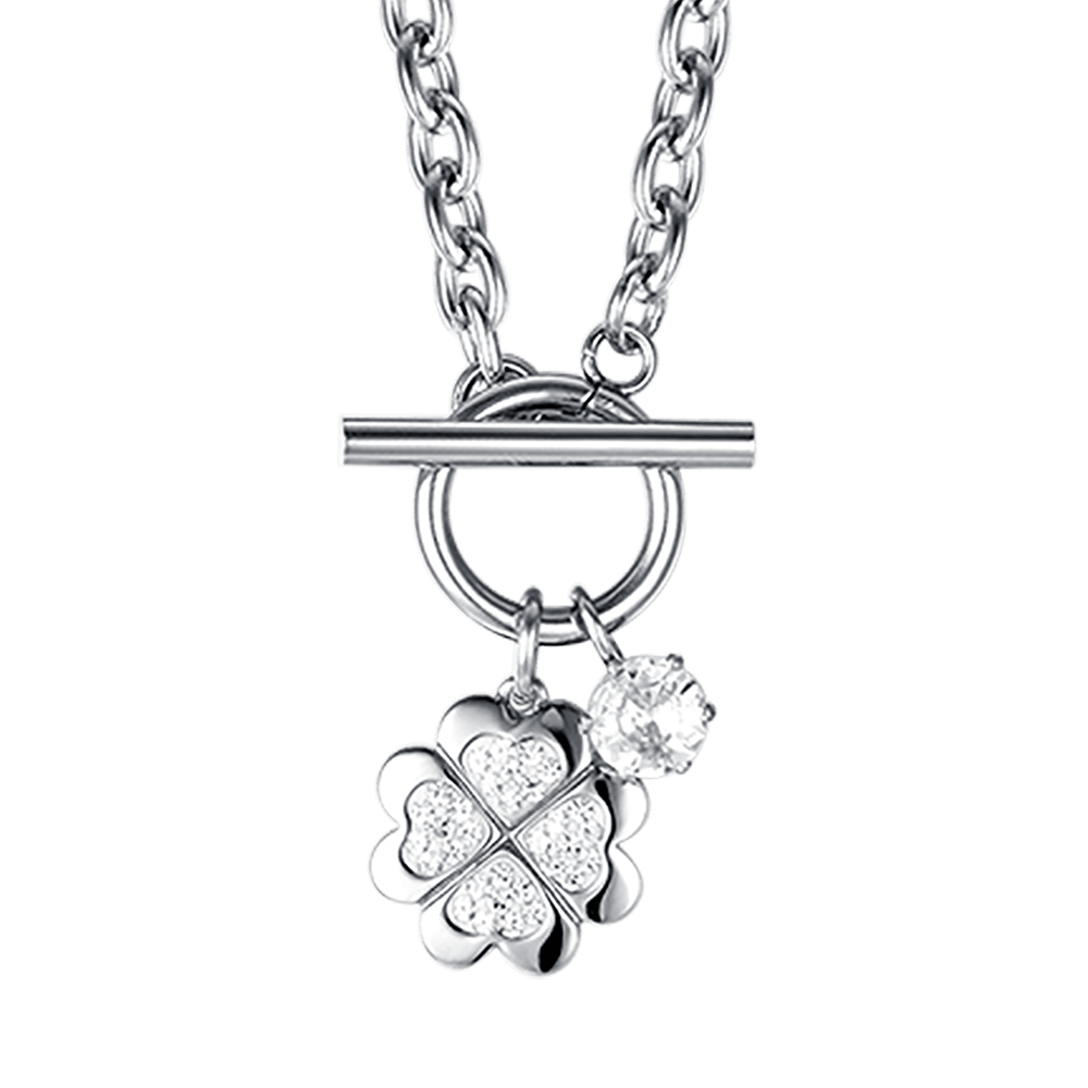 COLLAR DE ACERO PARA MUJER CON TRÉBOL DE CUATRO HOJAS CON CRISTALES BLANCOS
