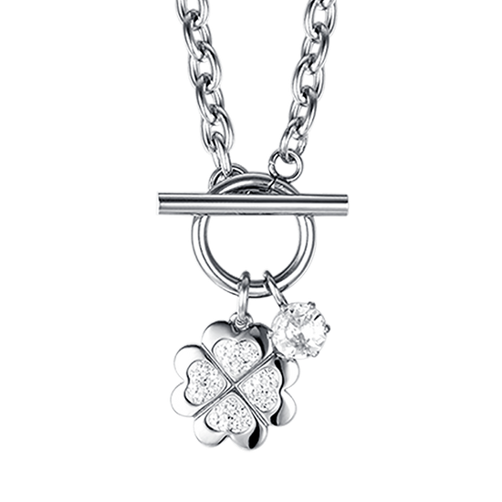 COLLAR DE ACERO PARA MUJER CON TRÉBOL DE CUATRO HOJAS CON CRISTALES BLANCOS