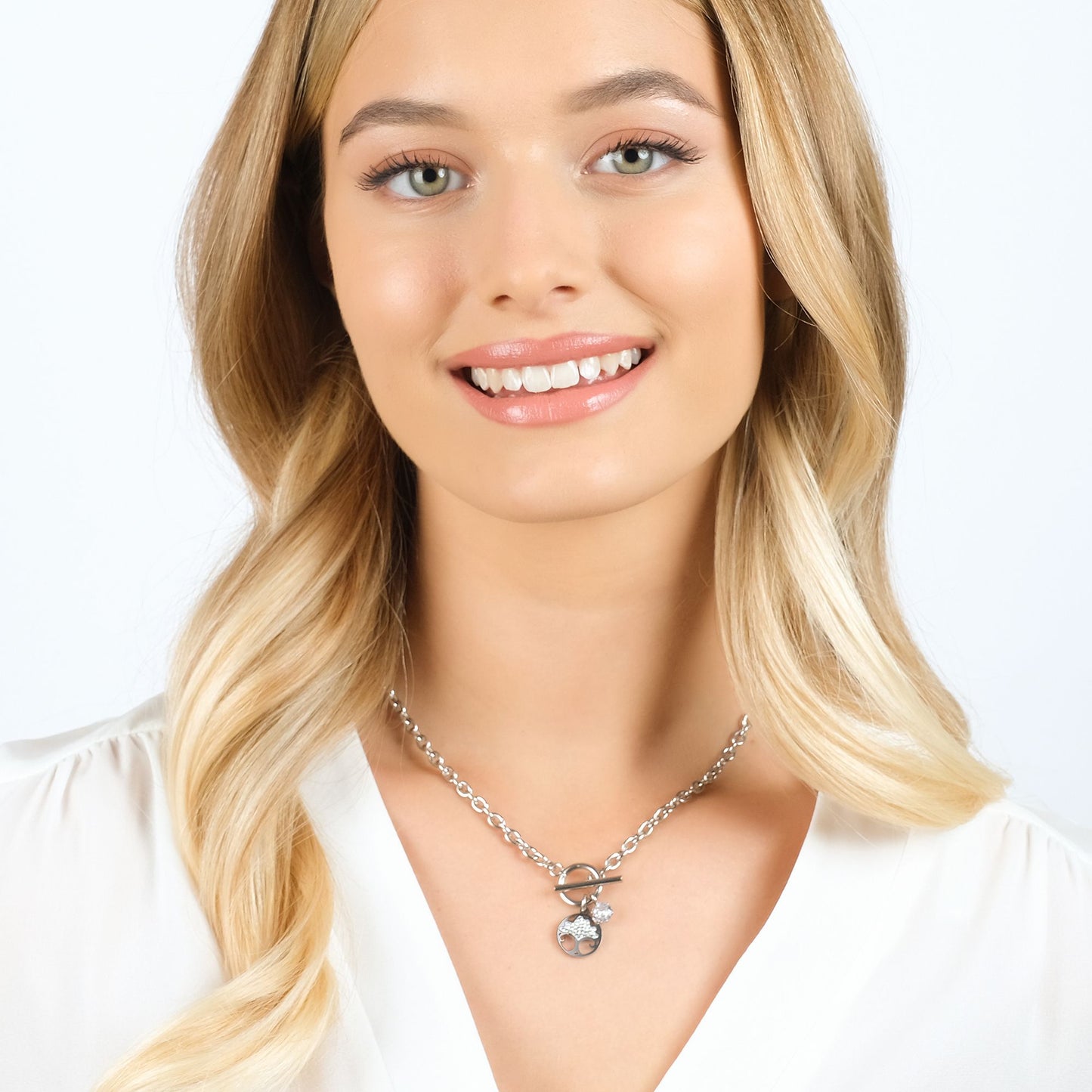 COLLAR DE ACERO PARA MUJERES CON EL ÁRBOL DE LA VIDA CON CRISTALES BLANCOS