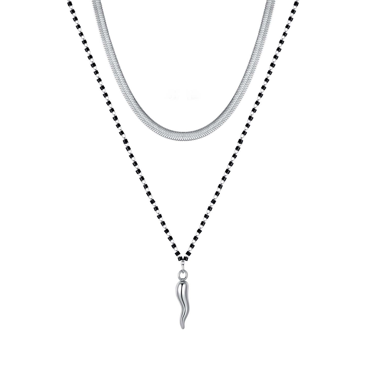 COLLAR DE ACERO PARA MUJERES CON ELEMENTOS DE CUERNO Y NEGROS
