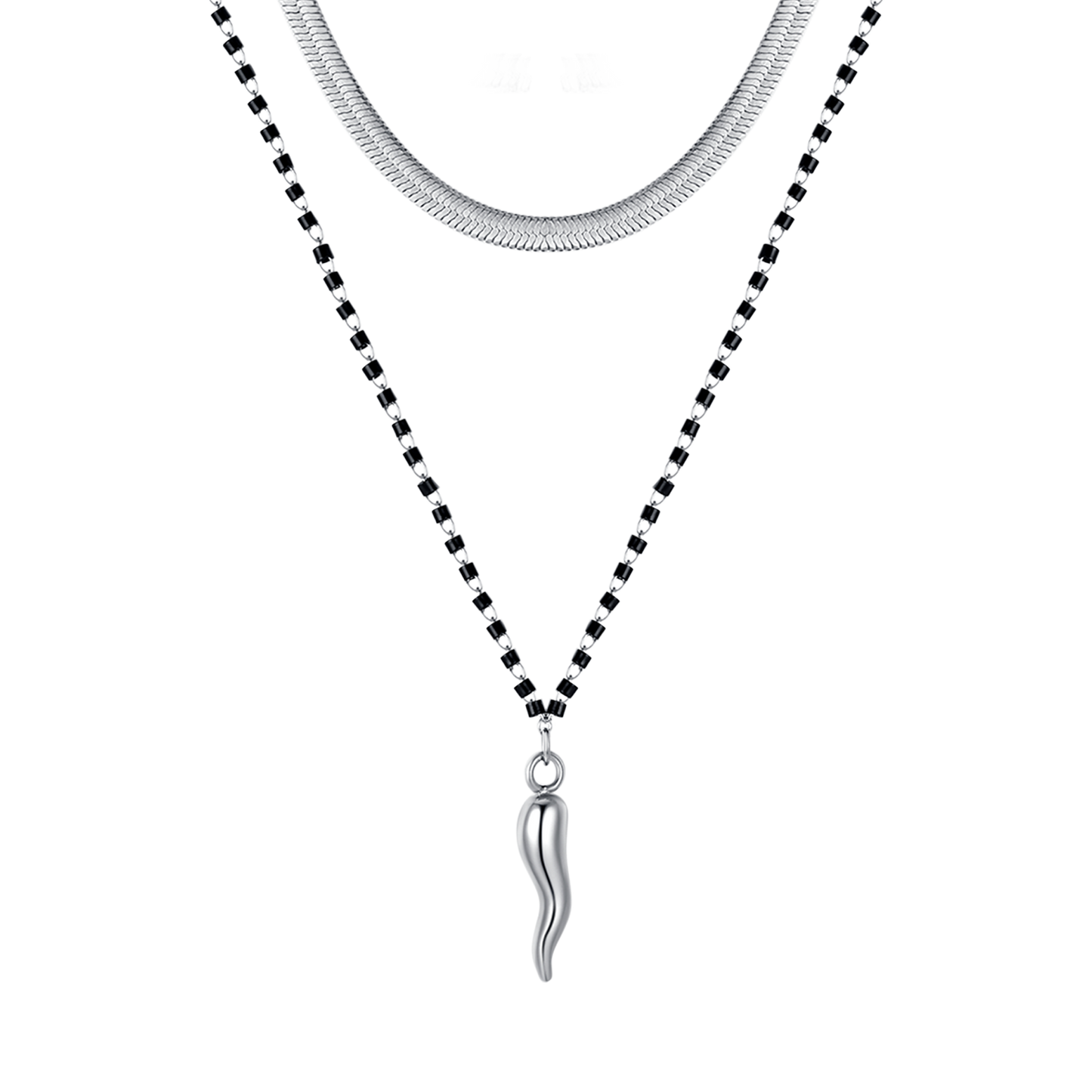 COLLAR DE ACERO PARA MUJERES CON ELEMENTOS DE CUERNO Y NEGROS