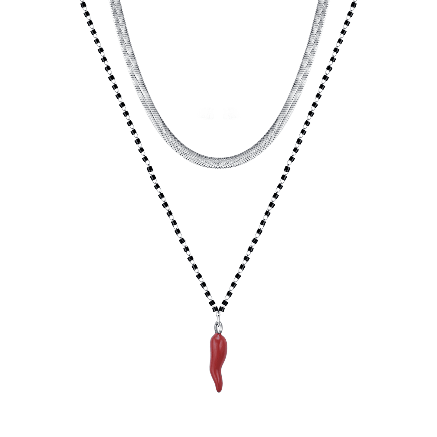 COLLAR DE ACERO PARA MUJER CON CUERNO CON ESMALTE ROJO Y ELEMENTOS NEGROS