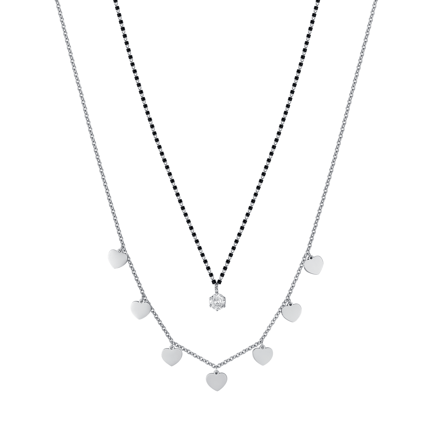 COLLAR DE ACERO PARA MUJER CON CORAZONES, ELEMENTOS IP NEGROS Y CRISTAL BLANCO