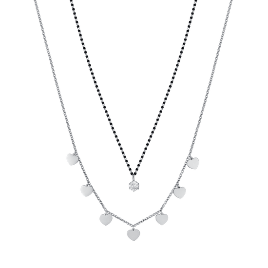 COLLAR DE ACERO PARA MUJER CON CORAZONES, ELEMENTOS IP NEGROS Y CRISTAL BLANCO