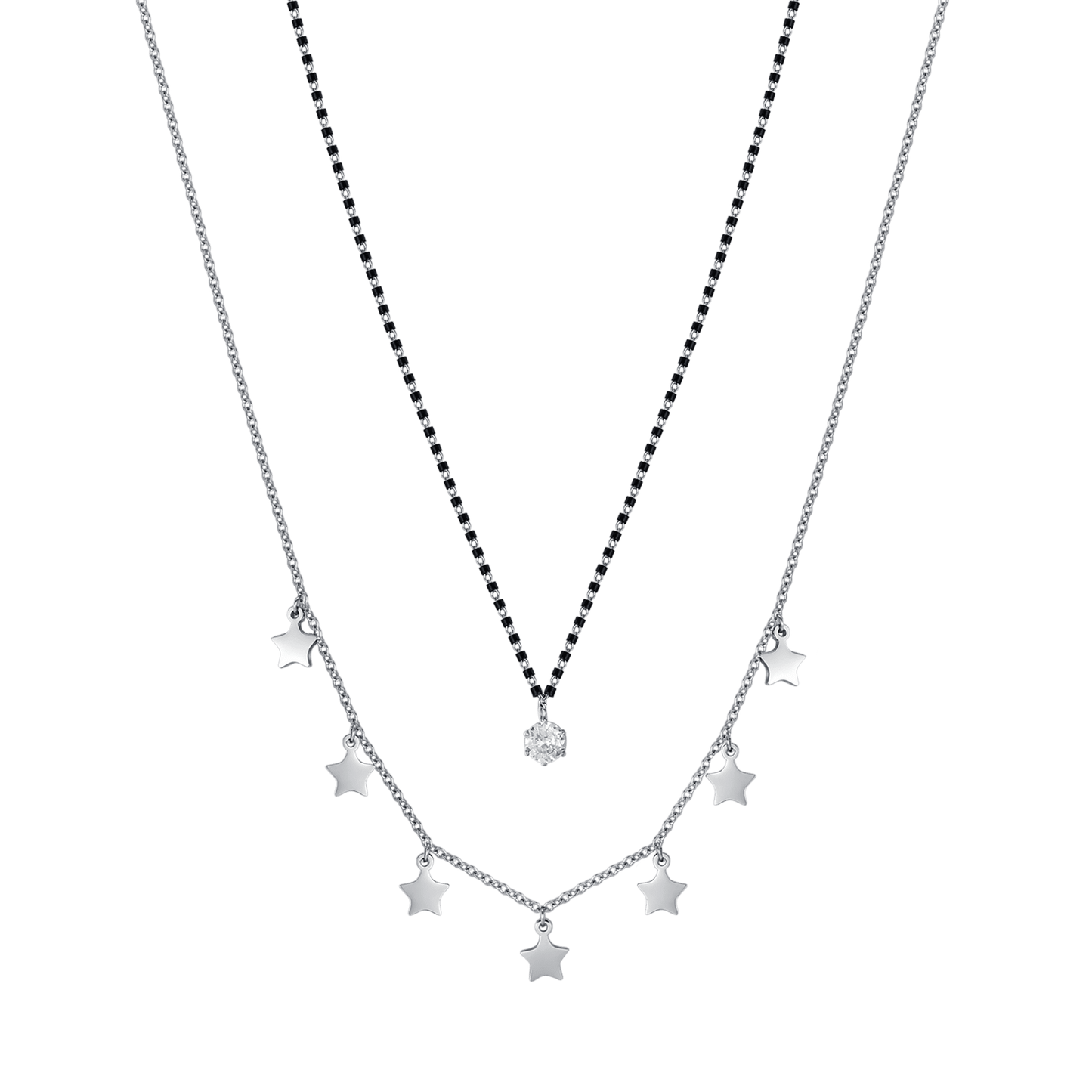 COLLAR DE MUJER EN ACERO CON ESTRELLAS, ELEMENTOS IP NEGROS Y CRISTAL BLANCO Luca Barra