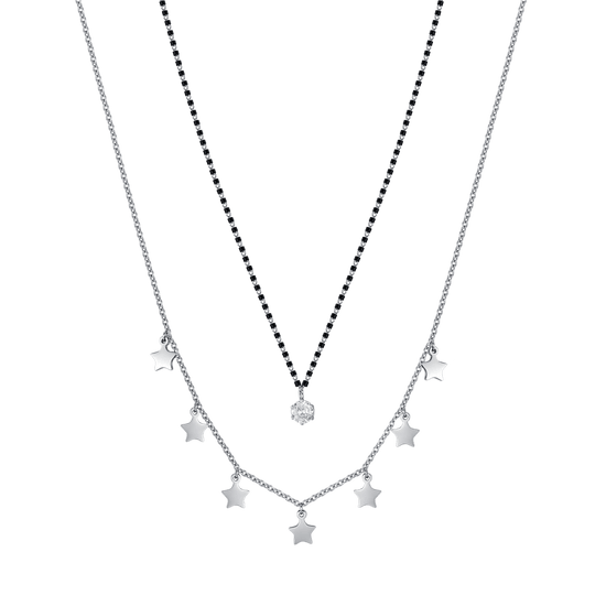 COLLAR DE ACERO PARA MUJER CON ESTRELLAS, ELEMENTOS IP NEGROS Y CRISTAL BLANCO