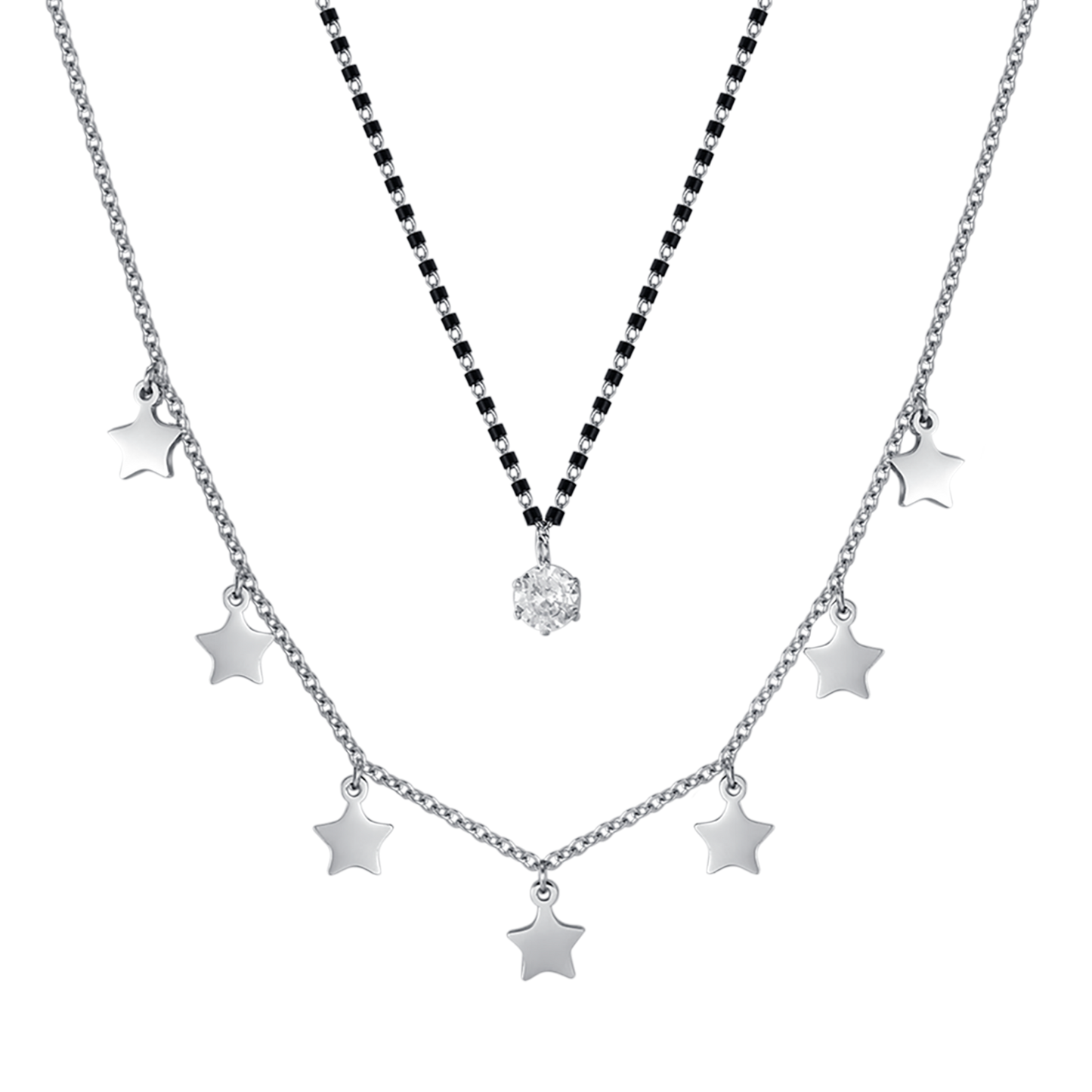 COLLAR DE ACERO PARA MUJER CON ESTRELLAS, ELEMENTOS IP NEGROS Y CRISTAL BLANCO