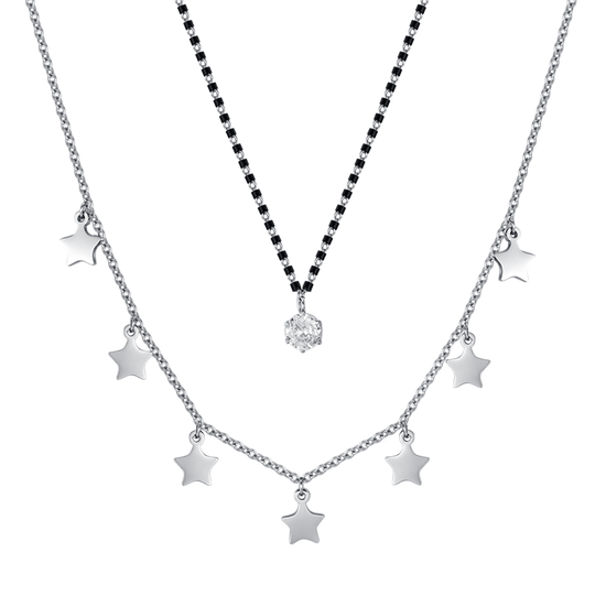 COLLAR DE ACERO PARA MUJER CON ESTRELLAS, ELEMENTOS IP NEGROS Y CRISTAL BLANCO