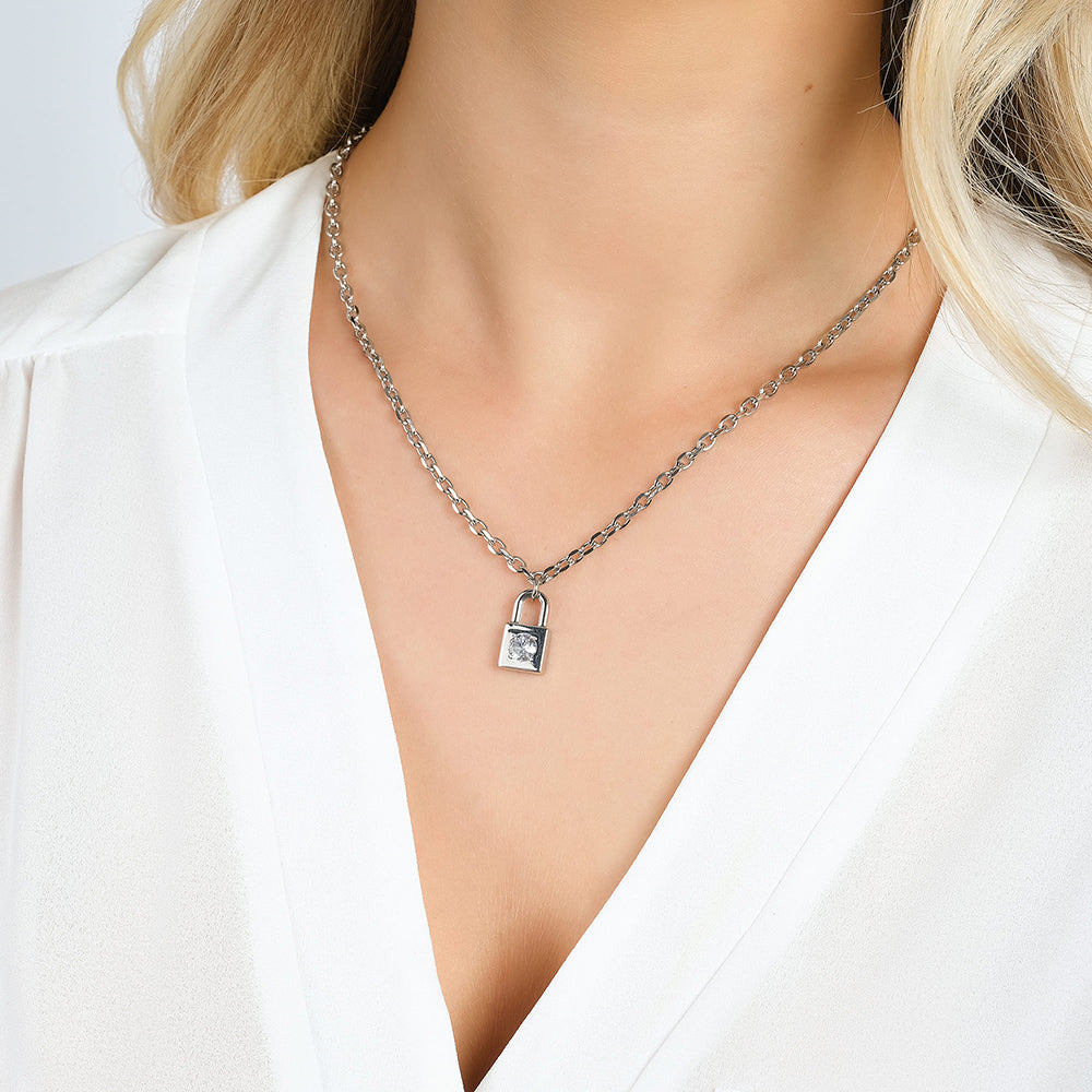 COLLAR DE ACERO PARA MUJER CON CANDADO CON CRISTAL BLANCO