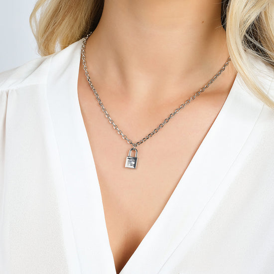 COLLAR DE ACERO PARA MUJER CON CANDADO CON CRISTAL BLANCO