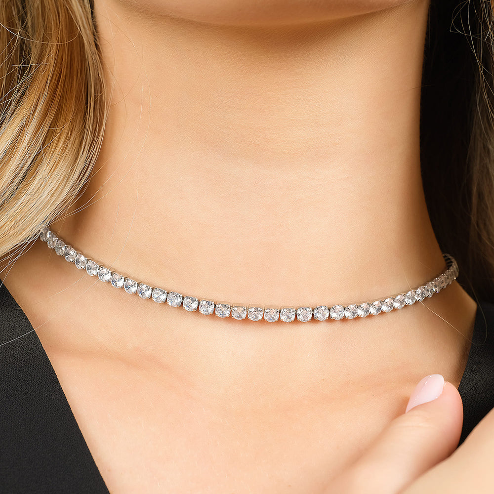 COLLAR TENIS DE ACERO PARA MUJER CON CRISTALES BLANCOS DE 4 MM