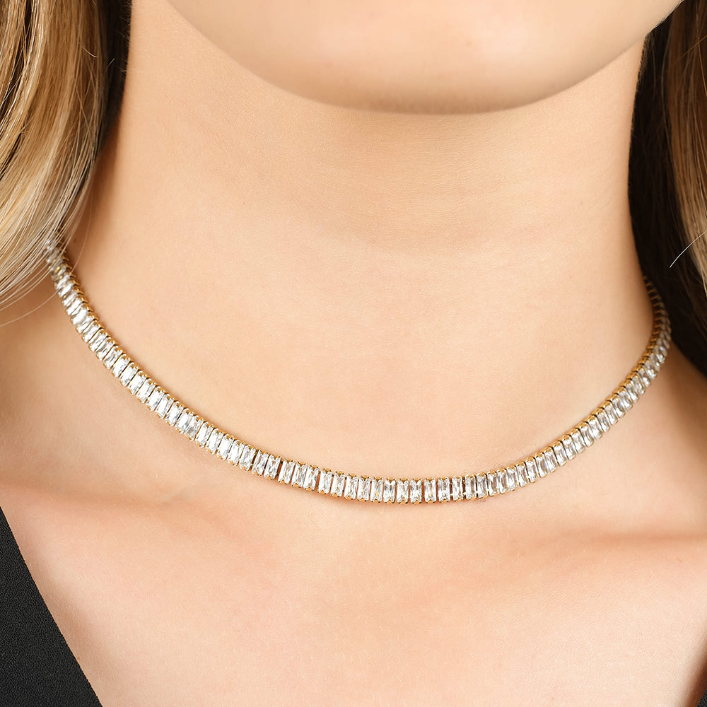 COLLAR DE ACERO PARA MUJERES CON CRISTALES BAGUETTE BLANCOS