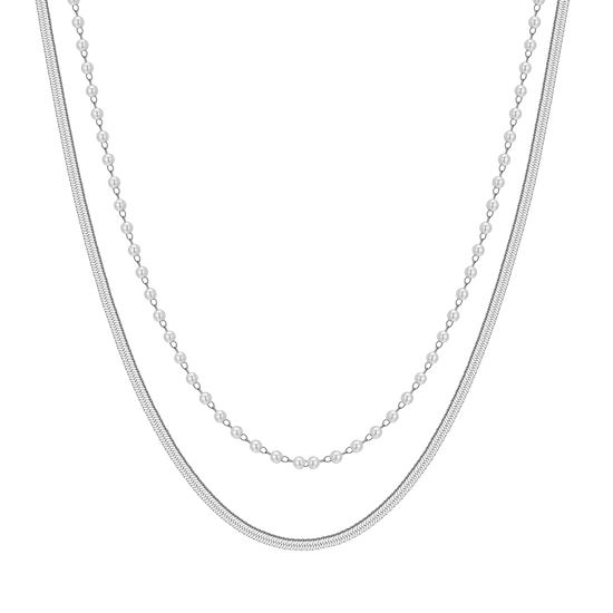 COLLAR DE ACERO PARA MUJER CON PERLAS BLANCAS